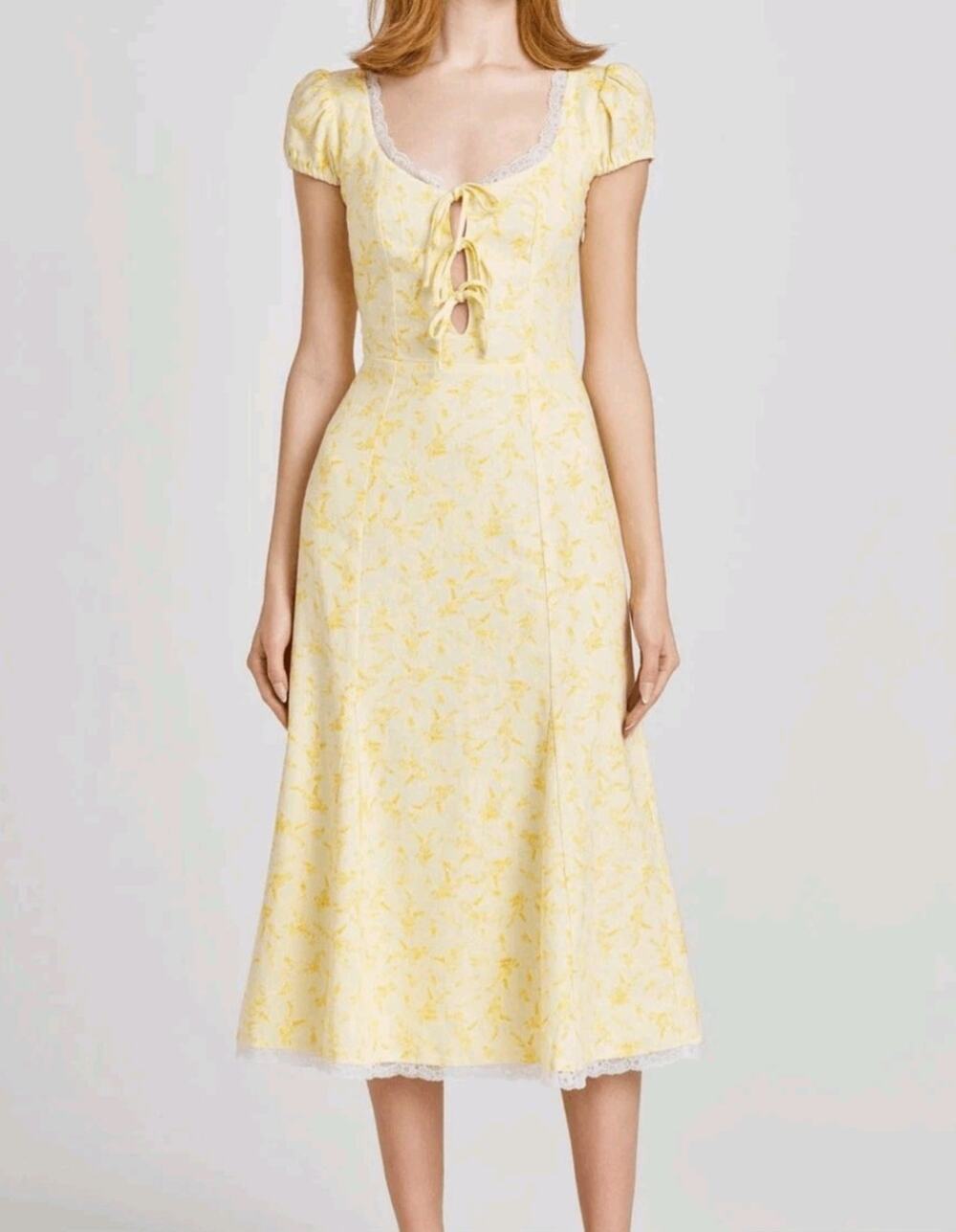 Wayf Cara Floral Cap Sleeve Linen Blend Midi Dress Lace Trim Size Medium Cottage